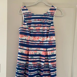 Blue and White Striped Dress with Pink Floral